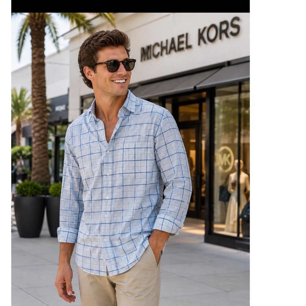 Michael Kors Men's Button‎ Down  Shirt Sz 16 1/2  Blue check long sleeve